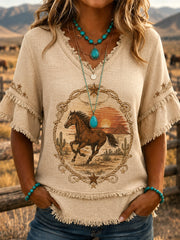 Women's Western Horse Print Casual Fringed Shirt
