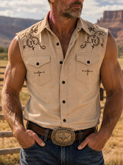 Men's Retro Western Print Sleeveless Shirt