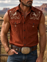 Men's Retro Western HorsePrint Sleeveless Shirt