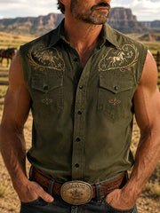 Men's Retro Western Horse Print Sleeveless Shirt