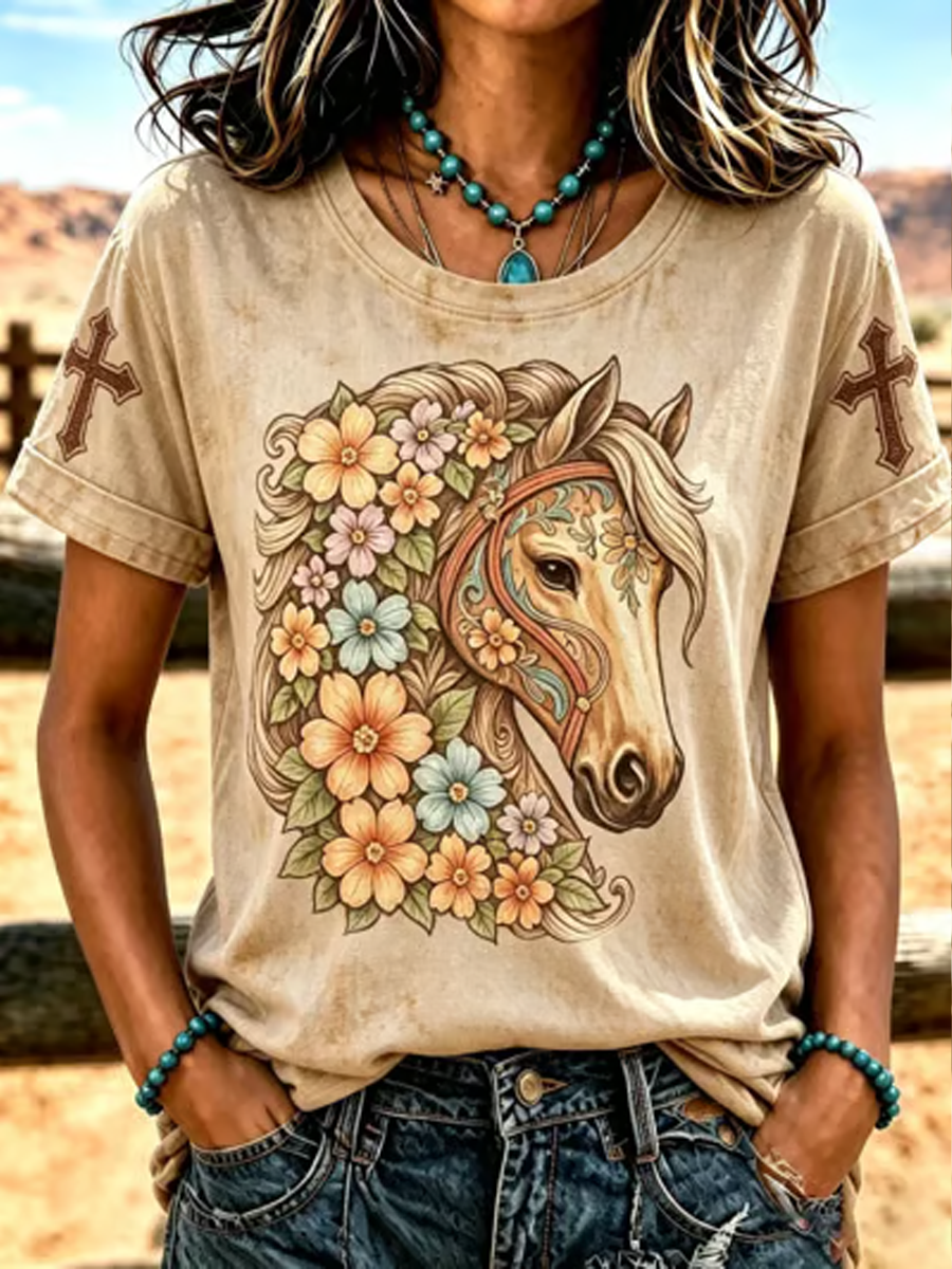 Women's Western-style print short-sleeved T-shirt