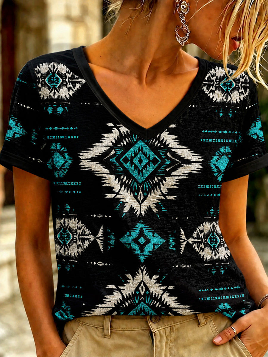Women's Vintage Western Printed V-neck T-shirt
