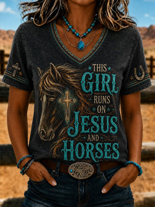 Women's This Gitl Runs On Jesus And Horses Short-sleeved T-shirt