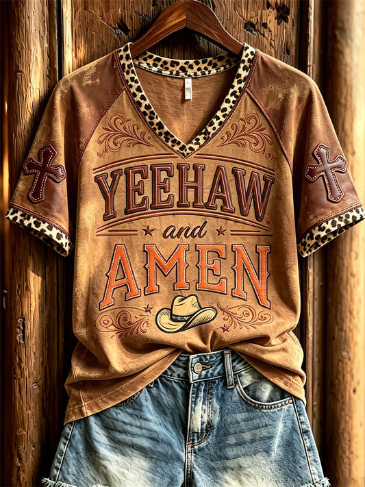 Women's Vintage Yeehaw and Amen Western Print short-sleeved T-shirt