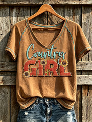 Women's Western Style Retro Pattern Printed Casual V Neck Short Sleeve T-Shirt