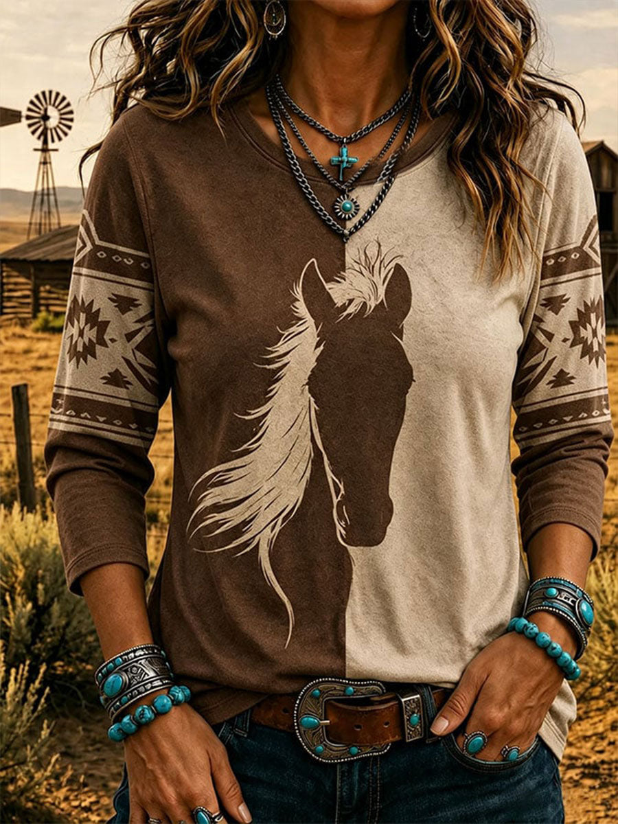 Women's Western Horse Round Neck Long SLeeve T-shirt
