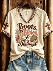 Women's Vintage Boots Bibles & Blessings Western Print short-sleeved T-shirt
