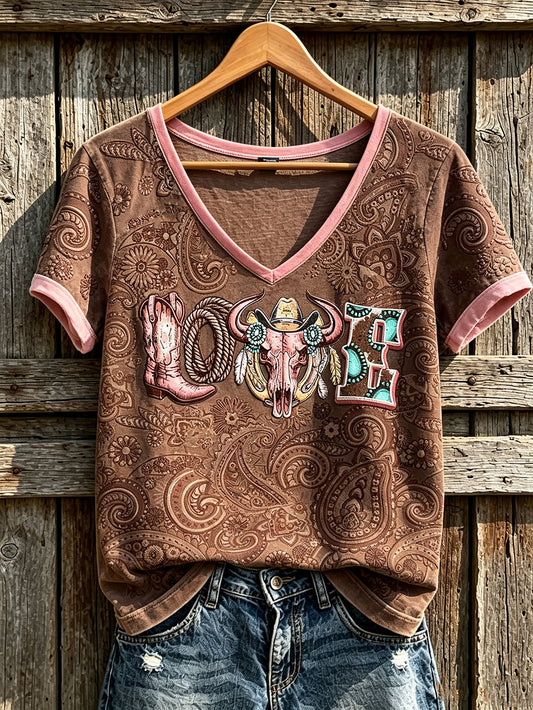 Women's Western Style Retro Pattern Printed Casual Short Sleeve T-Shirt