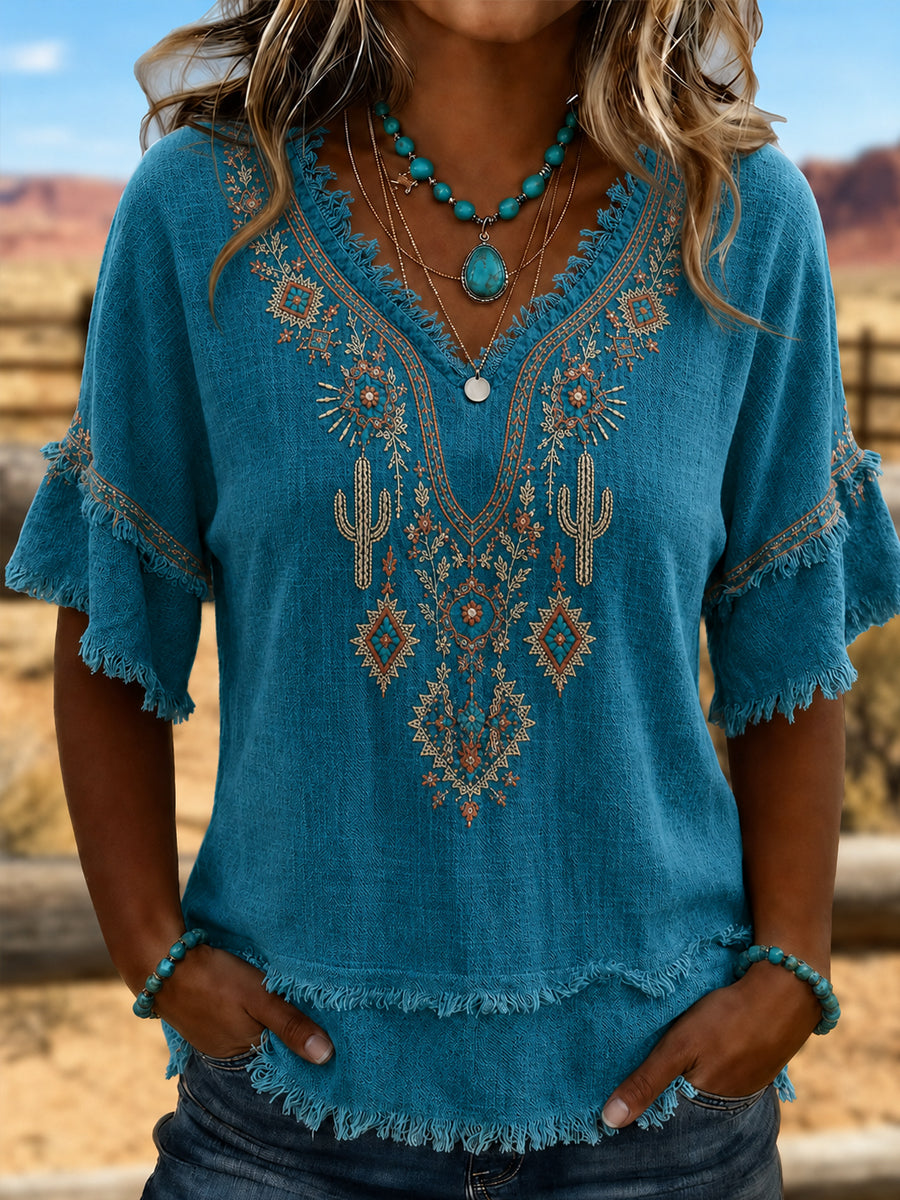 Women's Retro Western Art  Cotton-Linen Shirt