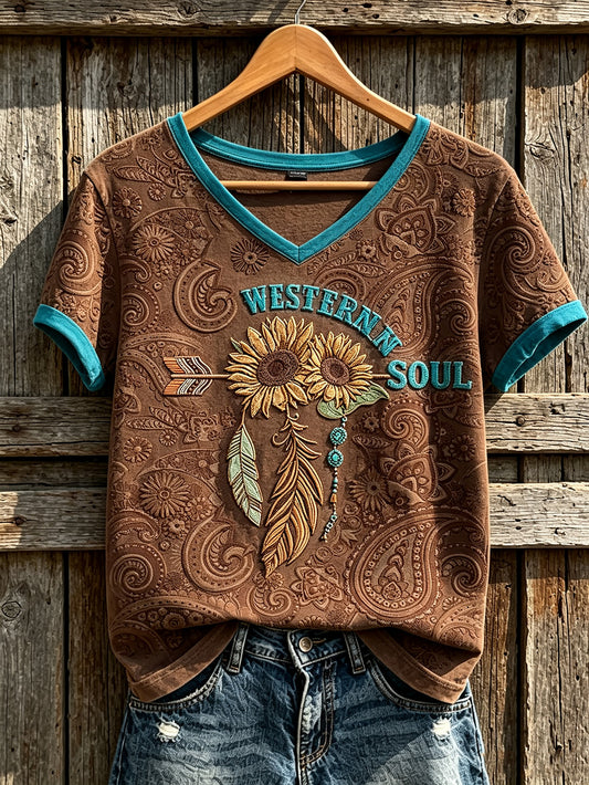 Women's Western Style Retro Pattern Printed Casual Short Sleeve T-Shirt
