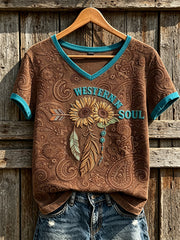 Women's Western Style Retro Pattern Printed Casual Short Sleeve T-Shirt