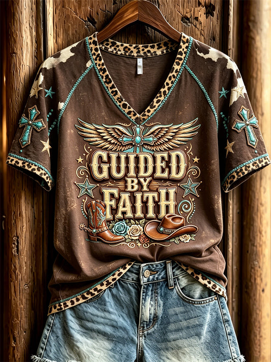 Women's Vintage Guided By Faith Western Print short-sleeved T-shirt