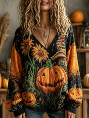 Women's Halloween pumpkin pattern retro casual cotton-linen shirt