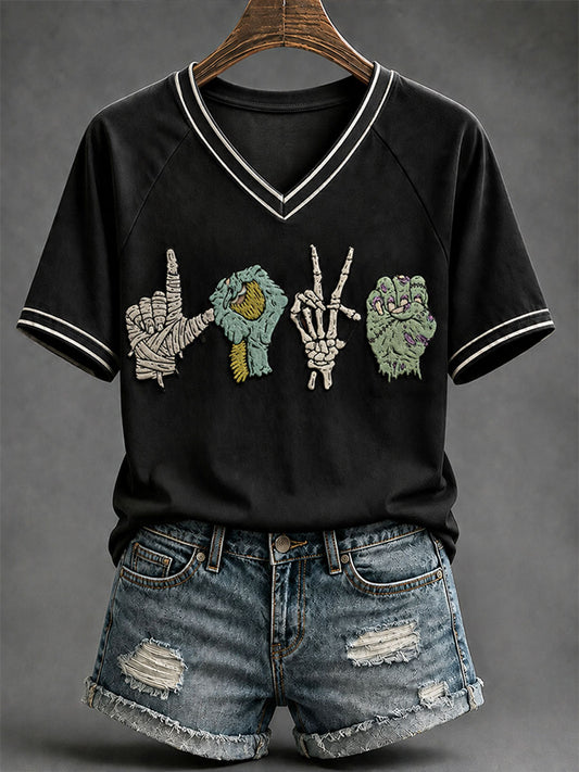 Women's Halloween Monster Gesture Print Casual T-Shirt