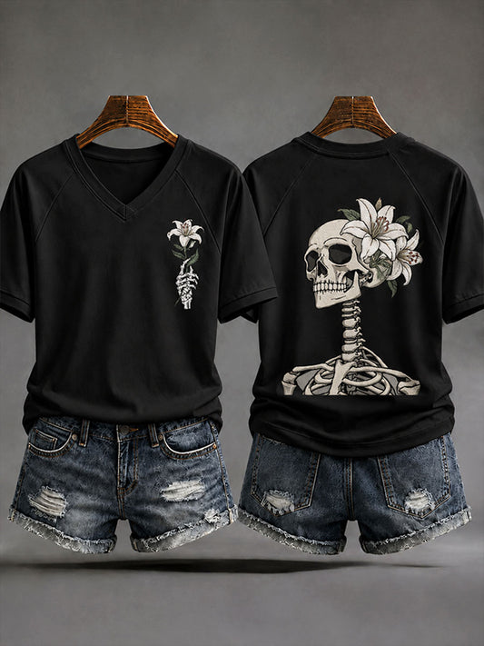 Women's Halloween Floral Skull Casual T-Shirt