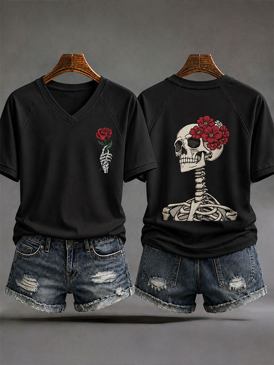 Women's Halloween Artistic Floral Skull Print Casual T-Shirt