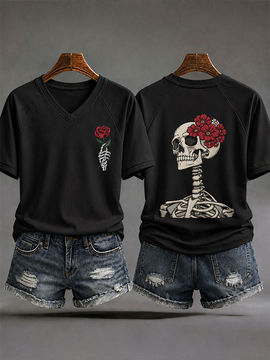 Women's Halloween Artistic Floral Skull Print Casual T-Shirt