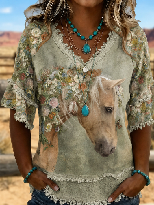 Women's Western horse print Cotton-Linen Shirt