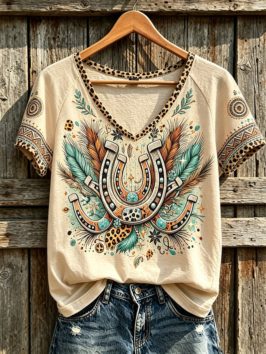 Women's retro western style pattern printed casual short-sleeve T-shirt