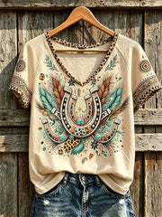 Women's retro western style pattern printed casual short-sleeve T-shirt