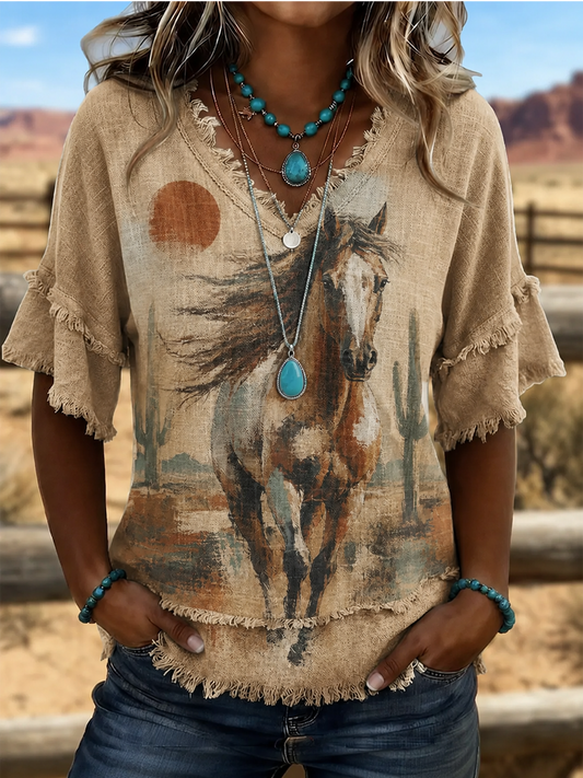 Women's Western horse print Cotton-Linen Shirt