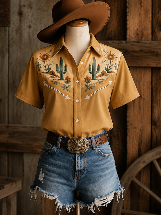 Women's Retro Western Cactus Print Short-Sleeve Shirt