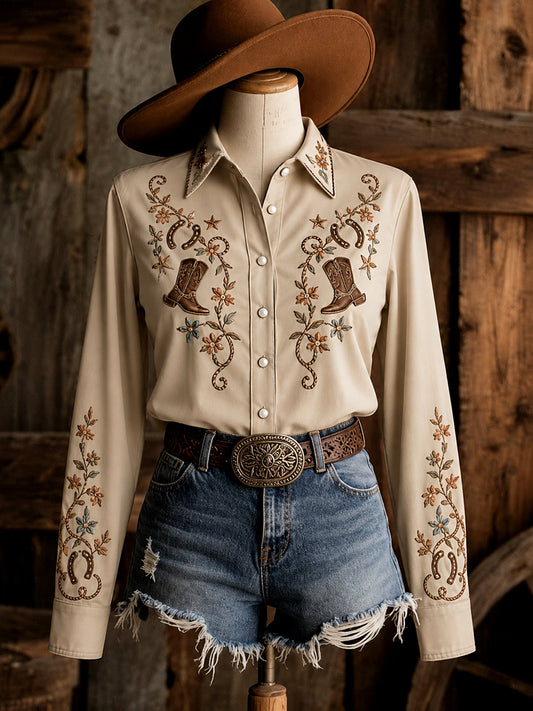 Women's Retro Western Floral Boots Print Long-Sleeve Shirt