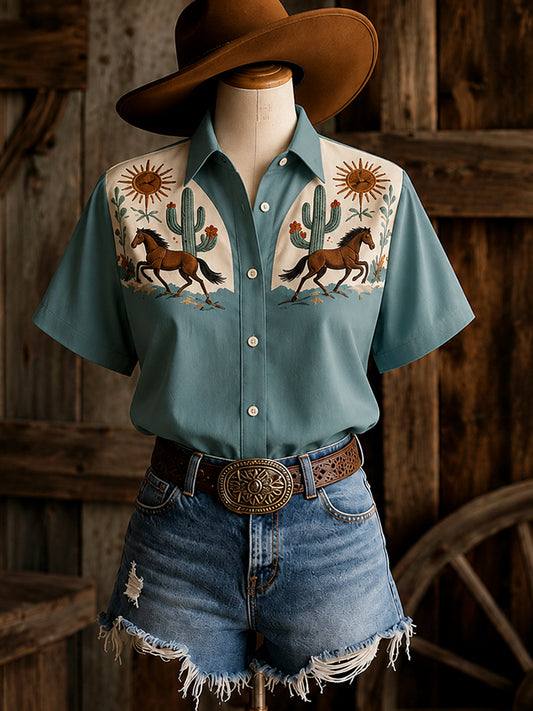 Women's Retro Western Cactus Horse Print Short-Sleeve Shirt