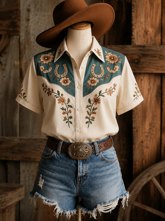 Women's Retro Western Print Short-Sleeve Shirt