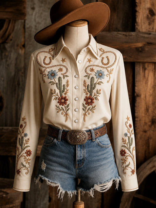 Women's Retro Western Floral Cactus Print Long-Sleeve Shirt