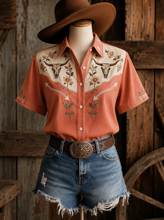 Women's Retro Western Bull Skull Print Short-Sleeve Shirt