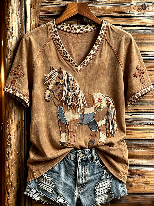 Women's Vintage Western Patchwork Horse Art Cross Print V-neck Short-sleeved T-shirt