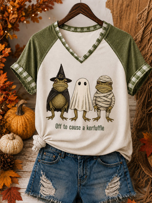 Women's Funny Halloween Print V-neck T-shirt