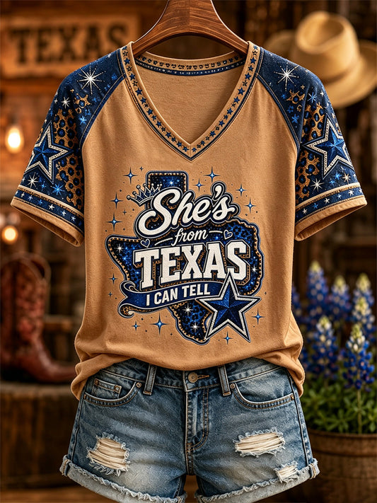 Women's She's From Texas I Can Tell Print Casual V-Neck Tee