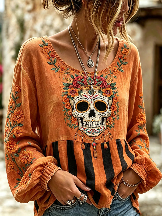 Women's skull and plant flower pattern printed casual cotton and linen shirt