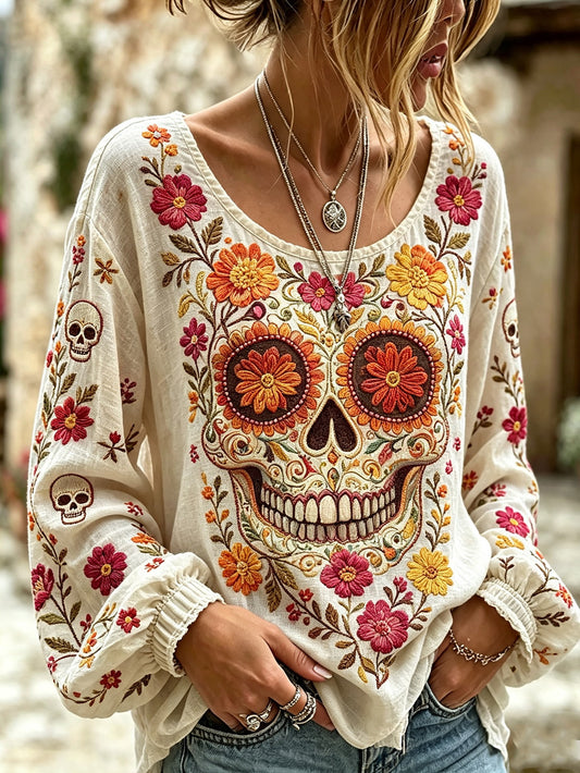Women's skull and plant flower pattern printed casual cotton and linen shirt