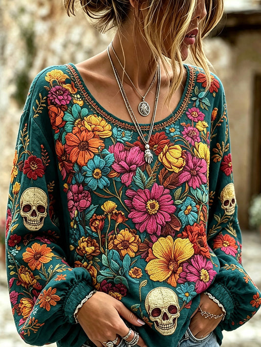 Women's skull and plant flower pattern printed casual cotton and linen shirt