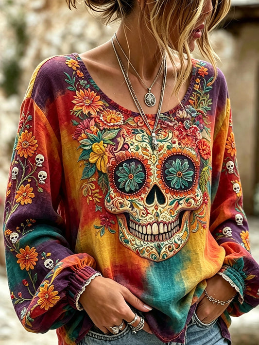 Women's skull and plant flower pattern printed casual cotton and linen shirt