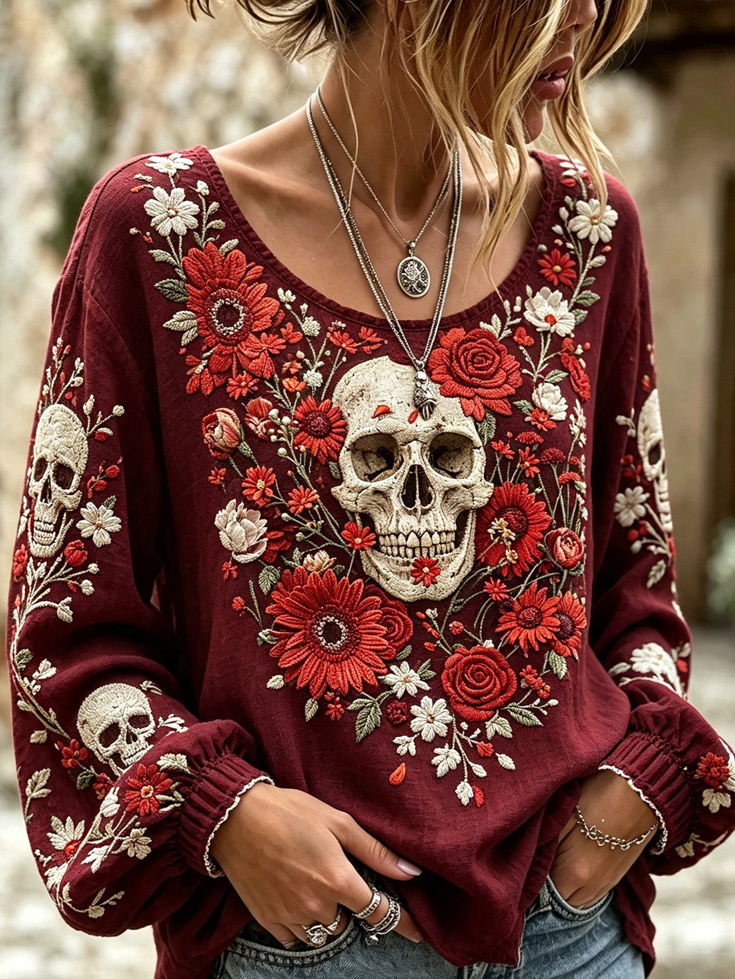 Women's skull and plant flower pattern printed casual cotton and linen shirt