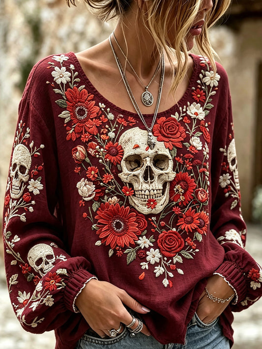 Women's skull and plant flower pattern printed casual cotton and linen shirt