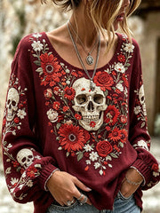Women's skull and plant flower pattern printed casual cotton and linen shirt