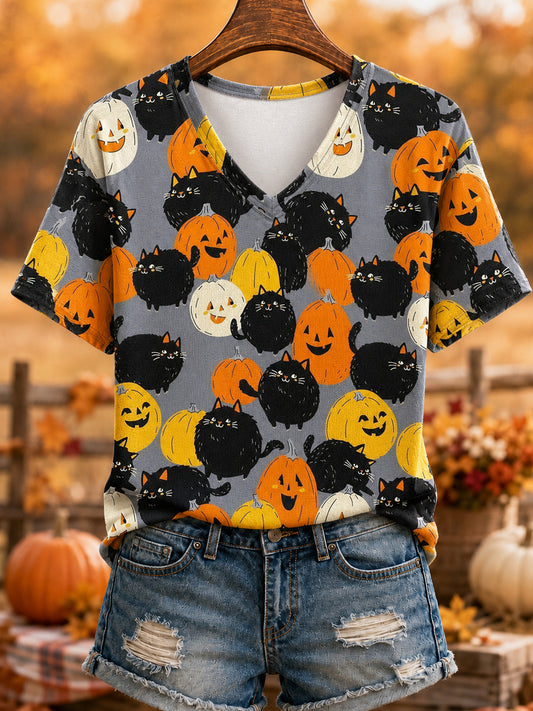 Women's Cute Fall Pumpkin Black Cats Print Casual V-Neck Tee