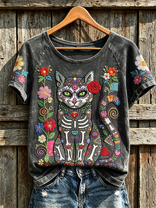 Women's retro skull cat pattern printed casual round neck T-shirt