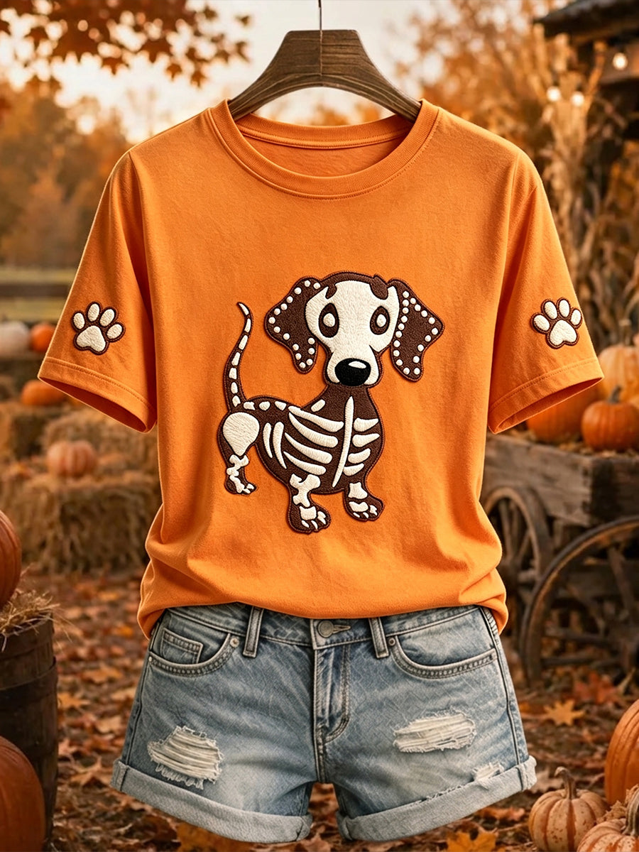 Women's Dachshund Skeleton Print Halloween Short-sleeved T-shirt
