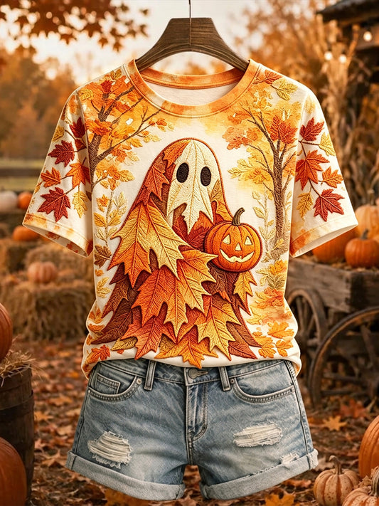 Women's Vintage Fall Ghost Print Halloween Short-sleeved T-shirt