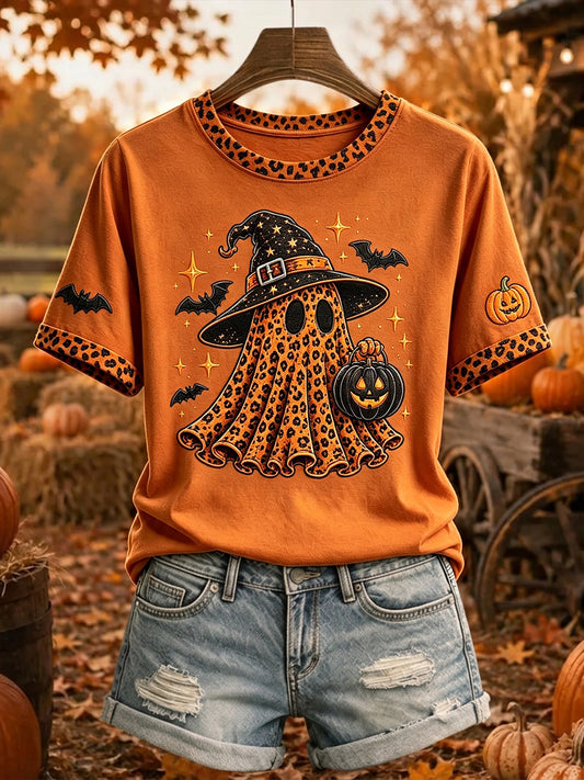 Women's Coquette Leopard Ghost Print Halloween Short-sleeved T-shirt