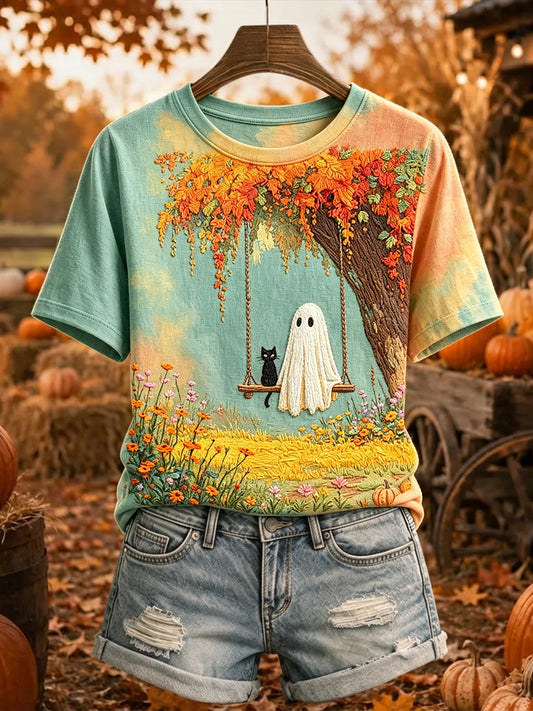 Women's Ghost and Black Cat on Swings Print Short-sleeved T-shirt