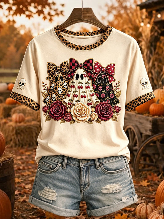 Women's Preppy Ghost Cherry Print Halloween Short-sleeved T-shirt