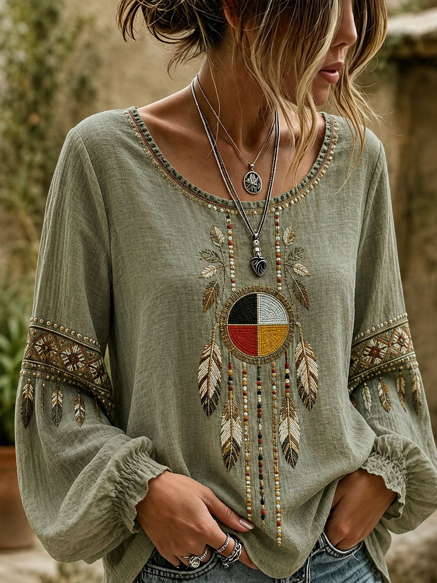 Women's Indigenous Art Cotton Linen Shirt