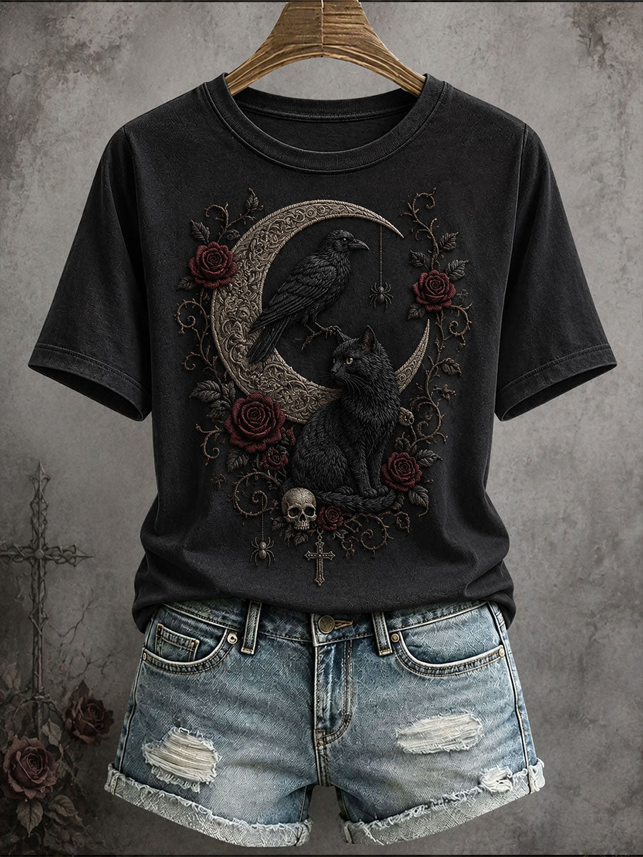 Women's Gothic Style Floral Cat T-Shirt